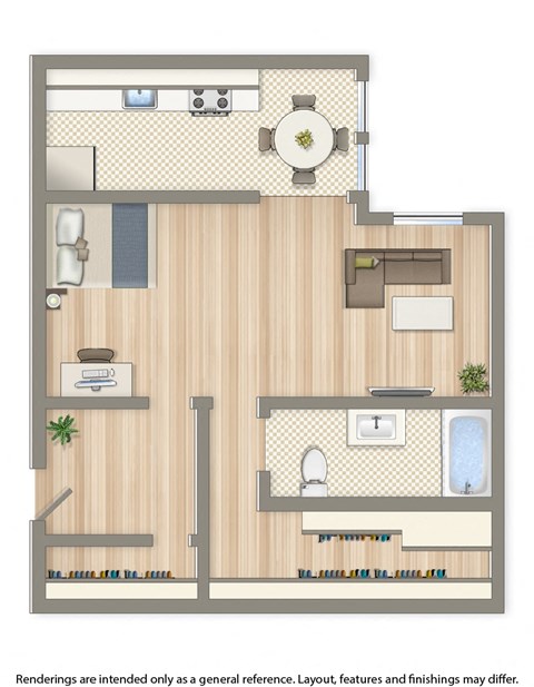 Floor plan for studio, 1 bath, 635 sqft